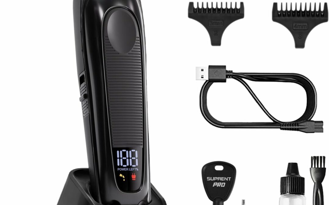 Professional Hair Trimmer – High Torque Brushless Motor & Detachable Blade – Cordless Beard Trimmer for Barbers with Charging Base – Premium Finishing T- Blade Trimmer (Black