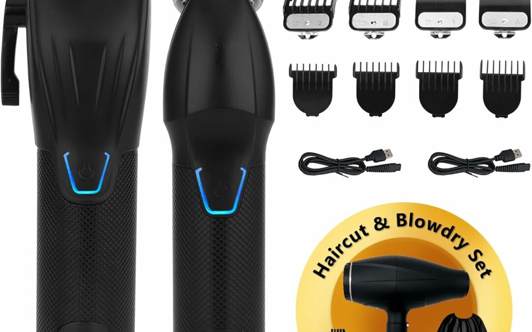 AMULISS Professional Hair Clippers and Zero Gapped Trimmer Kit for Men, Cordless Barber Clipper, Beard Trimmer Haircut Clippers Grooming Set，with Hair Dryer
