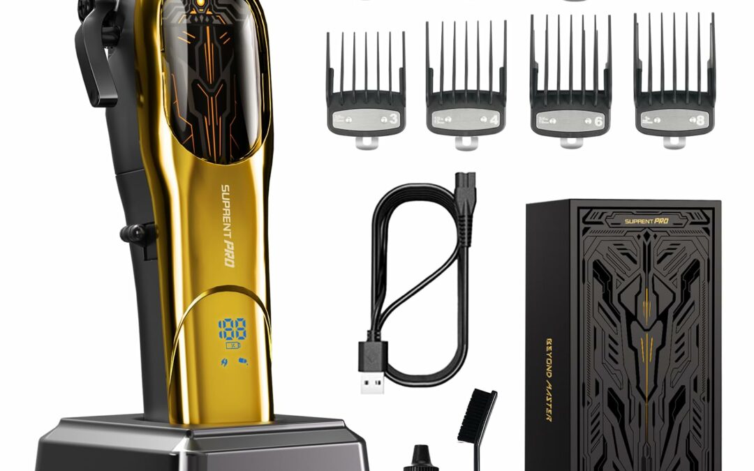SUPRENT Professional Hair Clippers for Men – High Torque Brushless Motor with Diamond-Like Carbon Coating Ceramic Blade, Cordless Hair Clippers Set with Charging Base (Gold)
