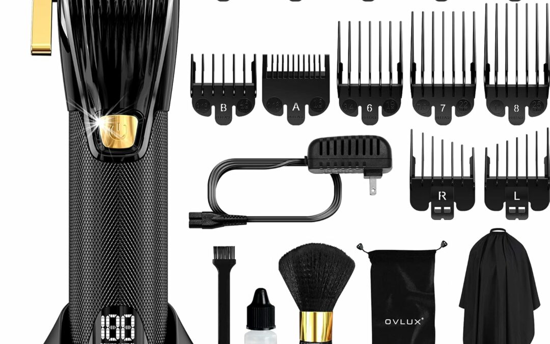 OVLUX Professional Hair Clippers for Men – Rechargeable Electric Cordless Trimmer with 12 Guide Combs, Brush, Oil, Storage Case for Professional Barbers & Beginners – Adjustable Taper Length 0.8-2mm