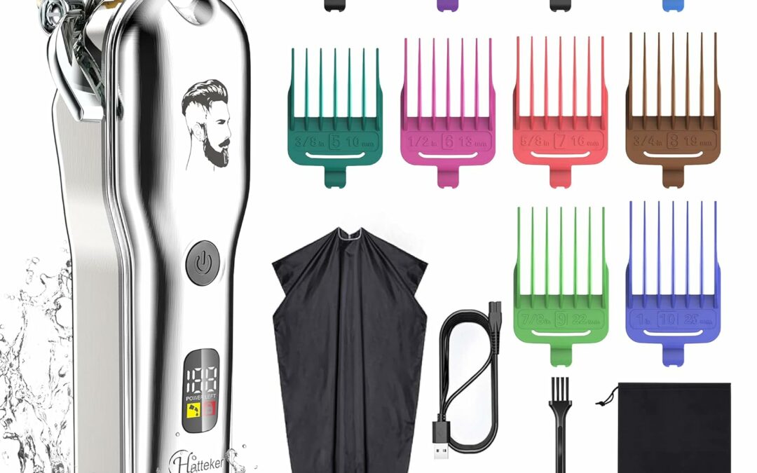Hatteker Mens Hair Clipper Beard Trimmer Hair Trimmer for Men Cordless Clippers Professional Barbers Grooming Kit IPX7 Waterproof, Rechargeable, Colorful Combs, Silver