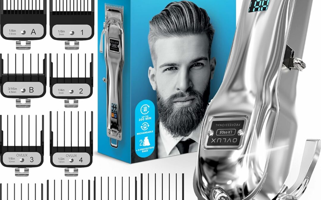 OVLUX Professional Cordless Hair Clippers for Men, Rechargeable Full Metal Beard Trimmer, Barbers Trimmer, Ideal Gift for Men, Dad – Silver.